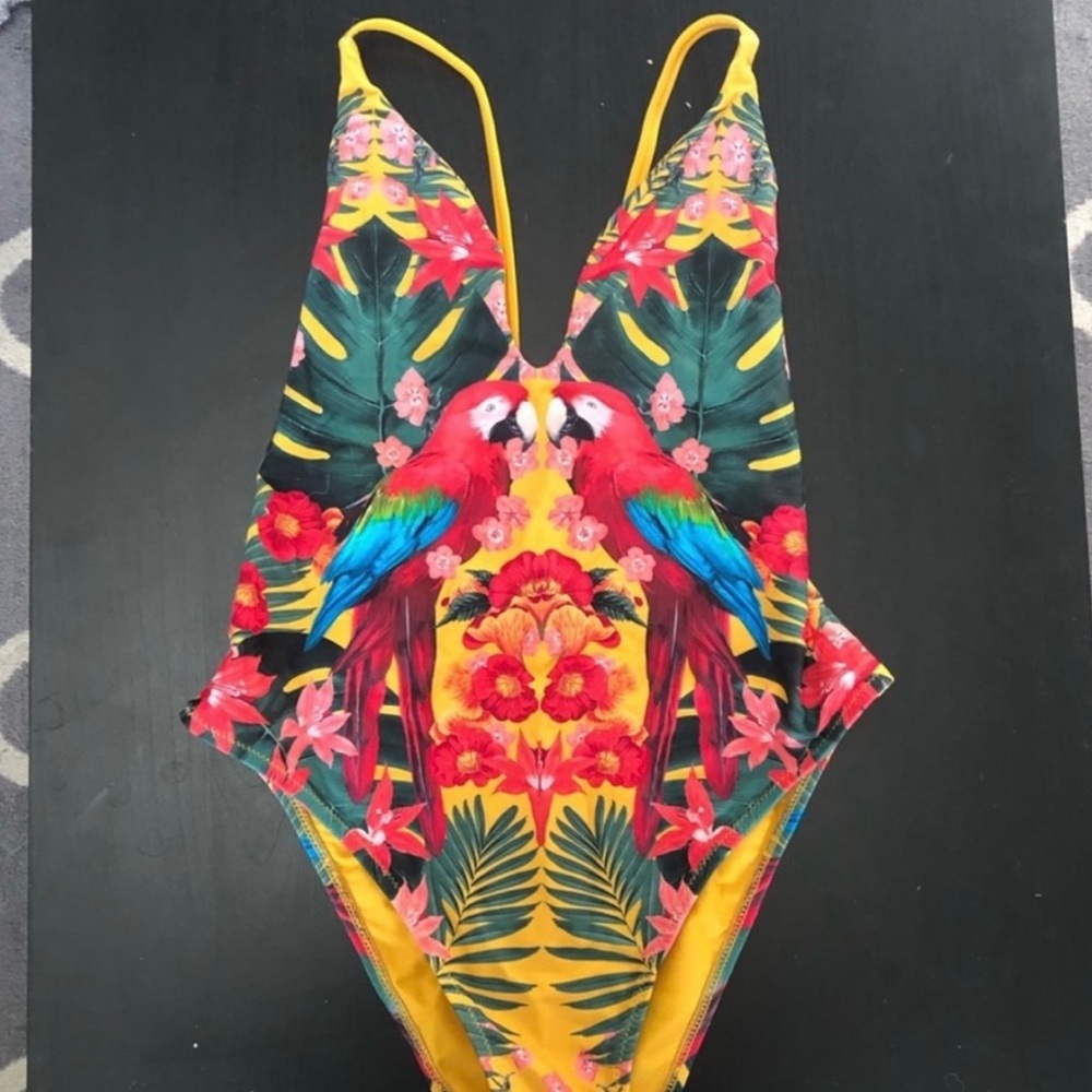Show Me Your MuMu Tropical Parrot One-Piece Swimsuit - Yellow, Green, Red, Blue - Picture 2 of 3